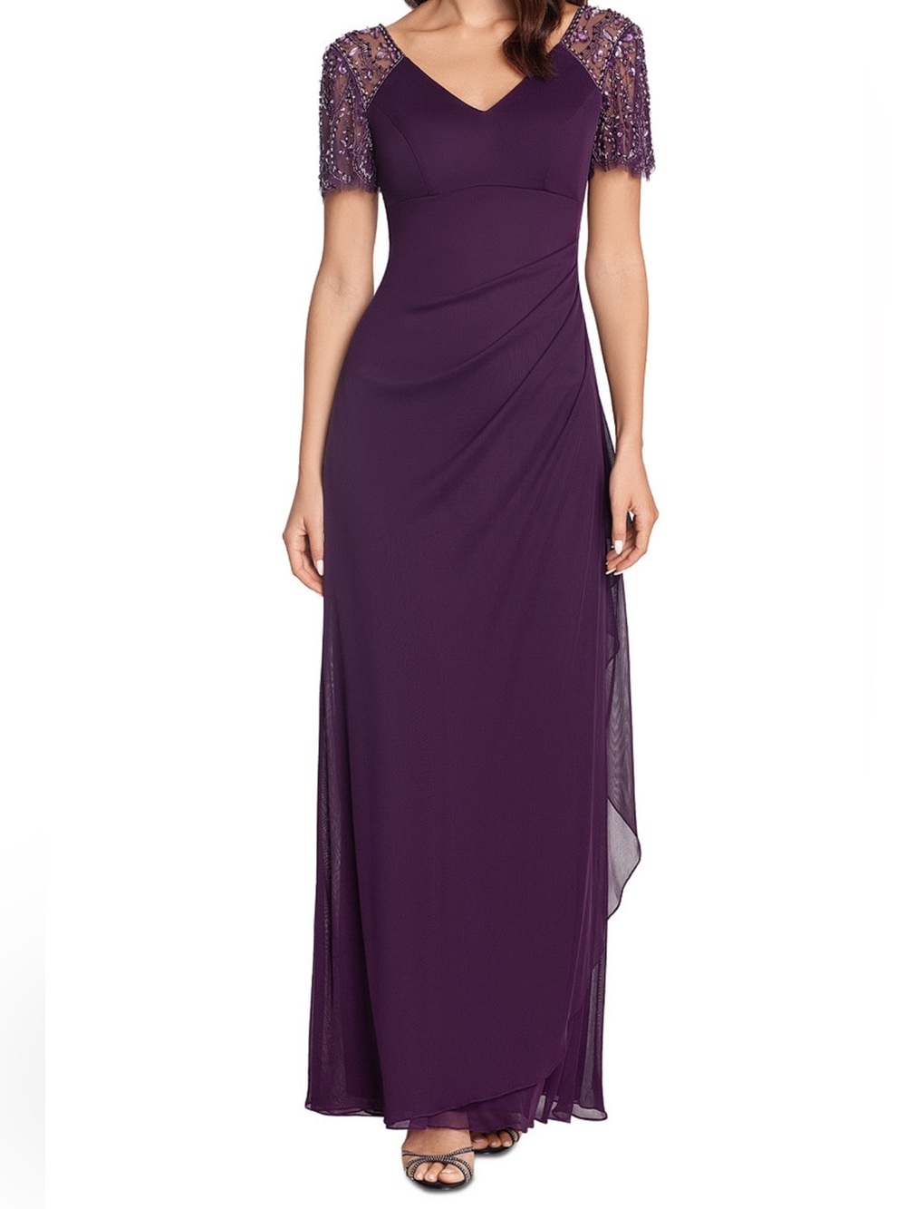 Xscape Plus 22W Plum Beaded Sleeve Draped Ruched Chiffon Evening Gown Wedding